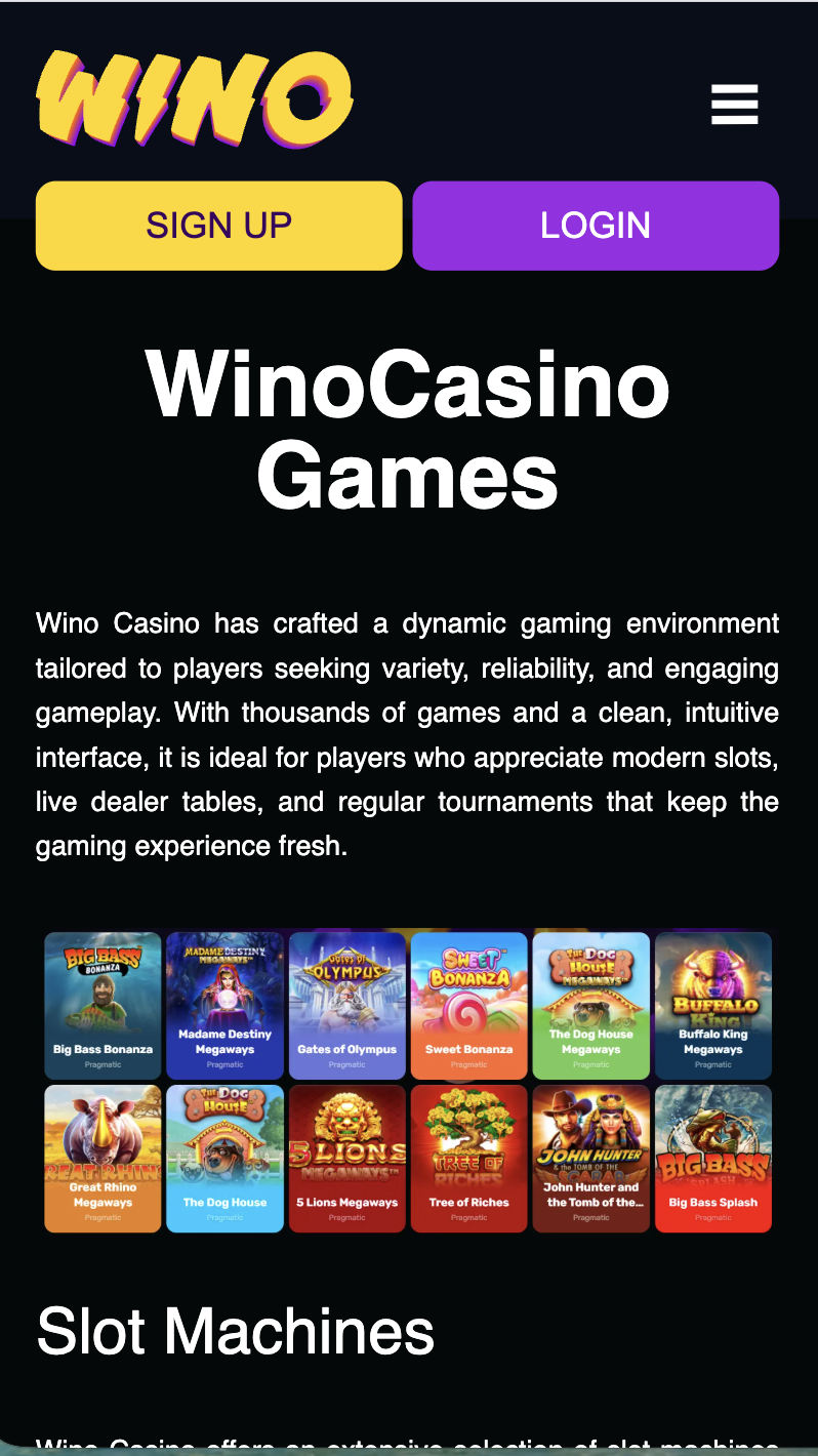 Wino Casino mobile view